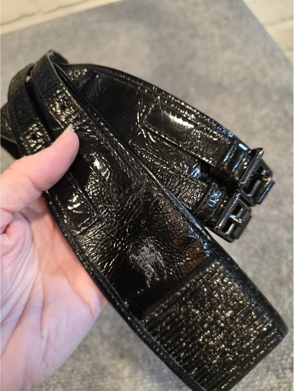 Burberry Black Patent Leather Belt Size 38/95 - Embossed Equestrian Knight - MIN
